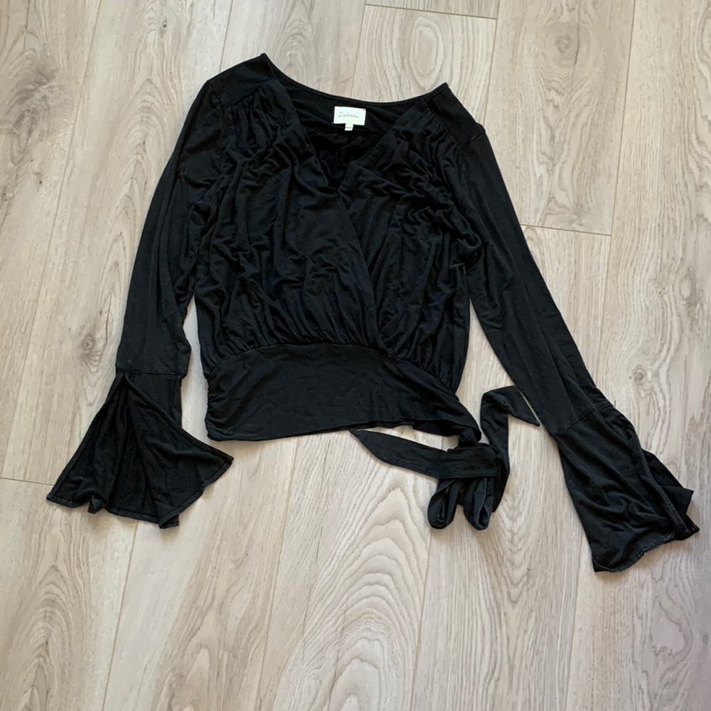 Anthropologie Deletta Side Tie V-Neck Long Sleeve Blouse Black Medium
